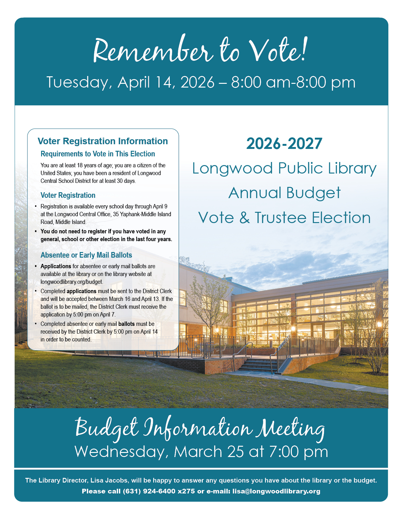 Photo of the library with text listing voting details