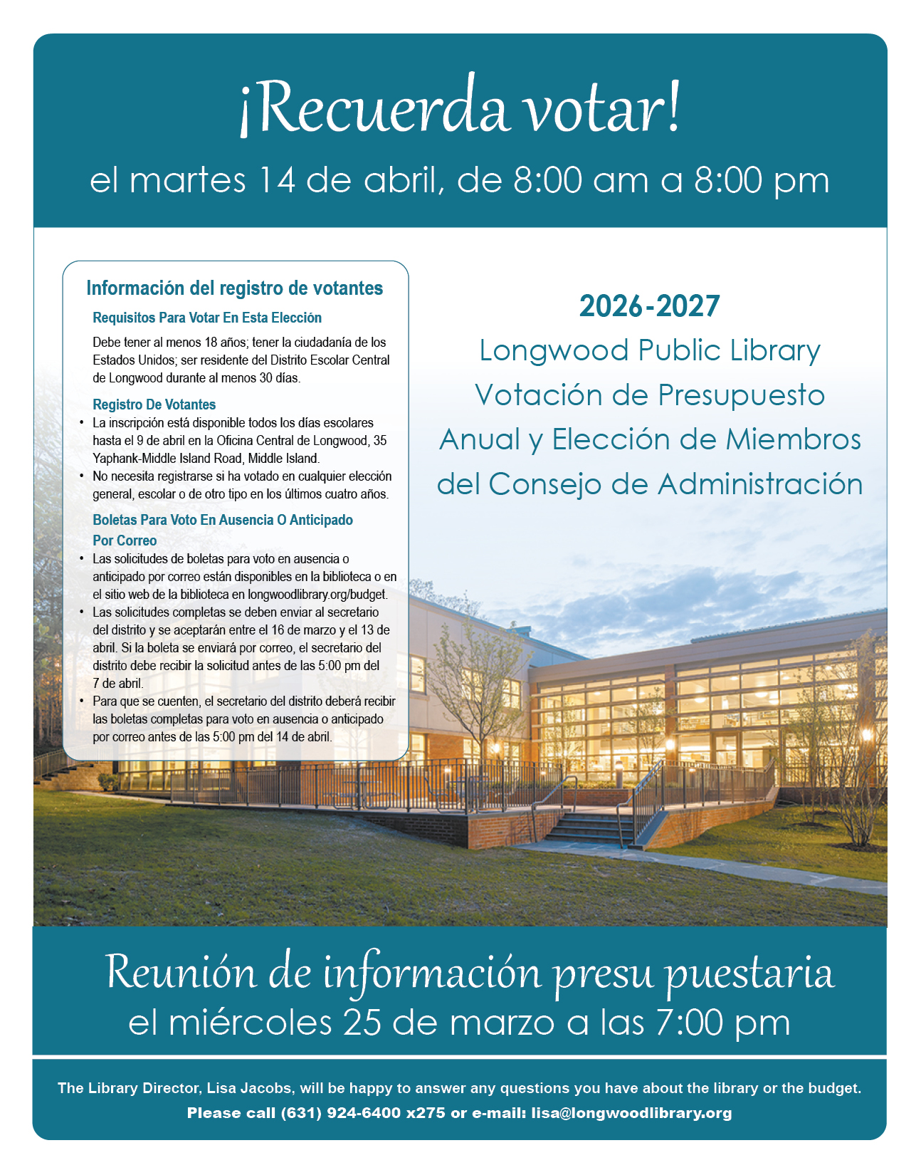 Photo of the library with Spanish language text listing voting details