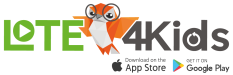 LOTE 4Kids owl. get it on Google Play or in the App Store