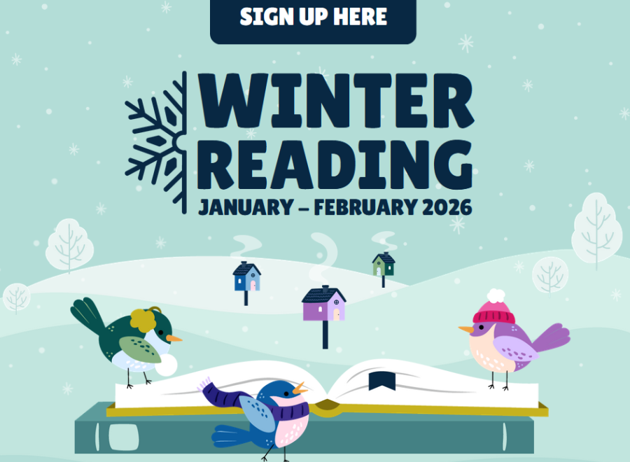 Sign Up Here. Winter Reading January - February 2026 cute birds on book