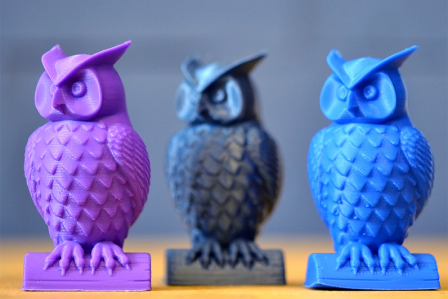 3D Printed owls in various colors
