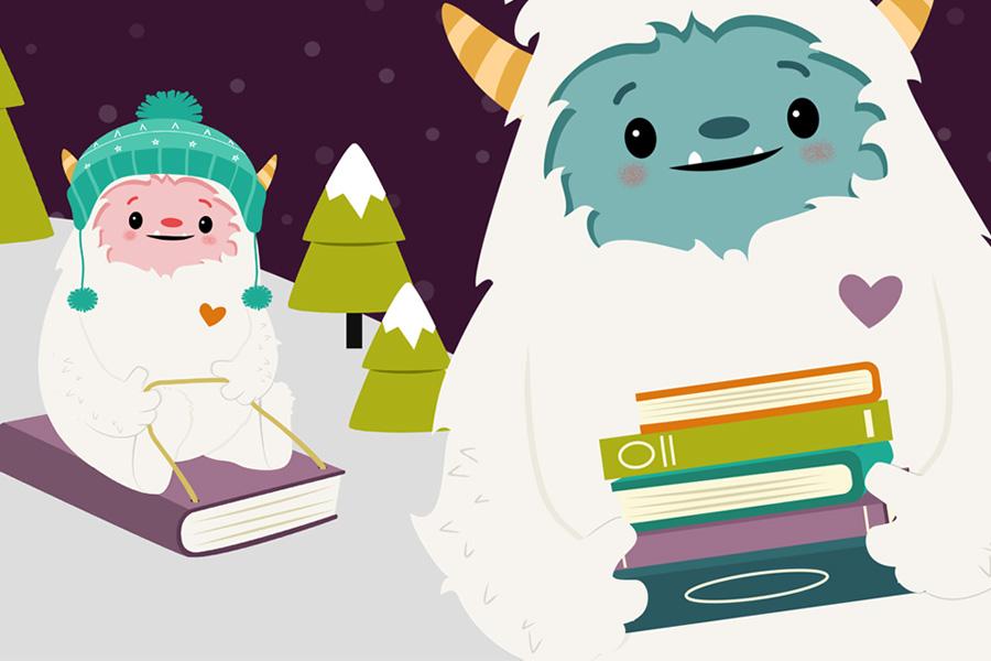 Yeti characters sledding and holding books